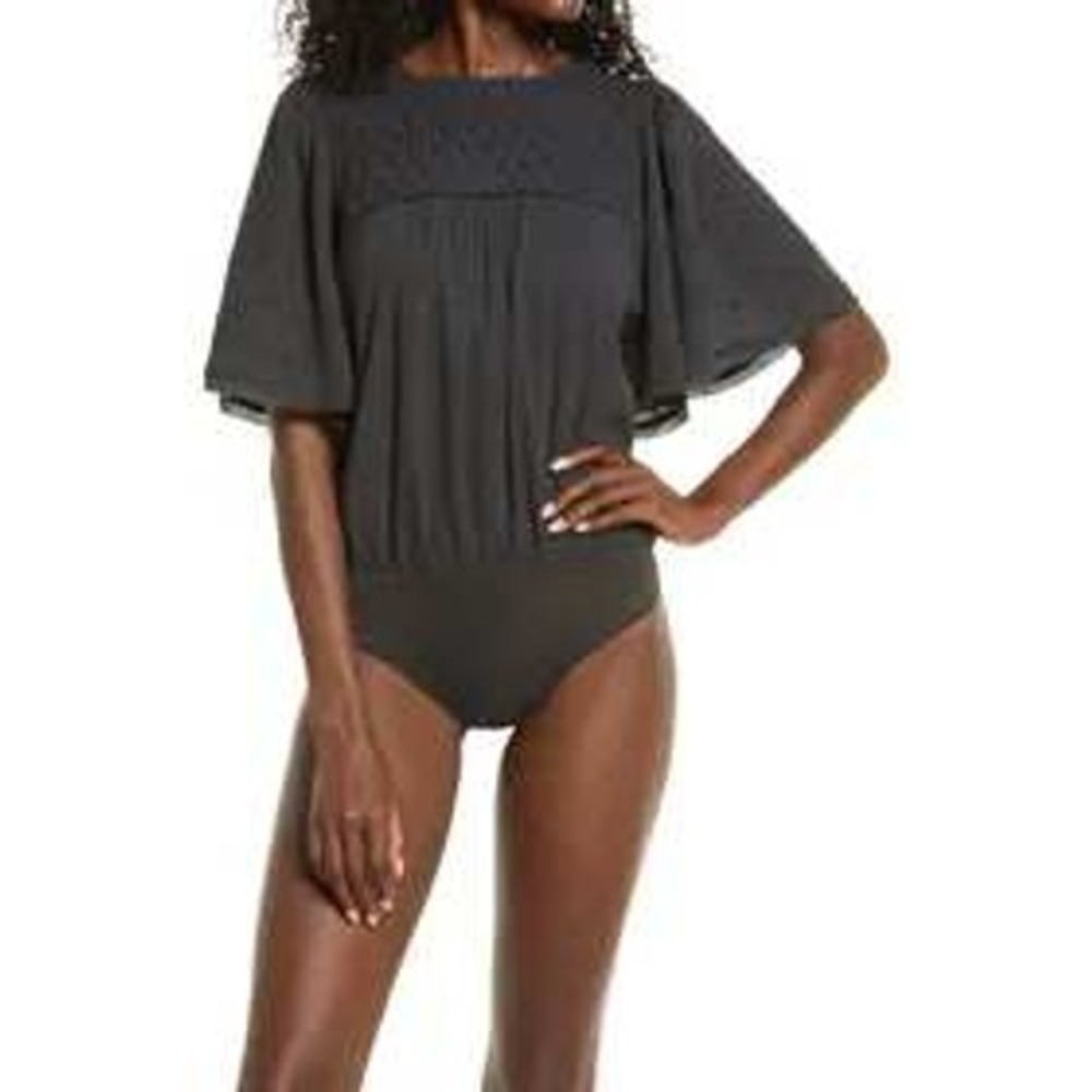 Free People Intimately Perfect Catch Bodysuit Womens S Black‎ Smocked Flutter